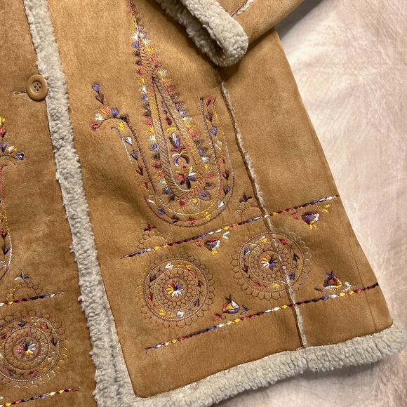 Vintage 90s Bacci Floral Embroidered Penny Lane Coat Faux Suede Sherpa Collar - Picture 4 of 11